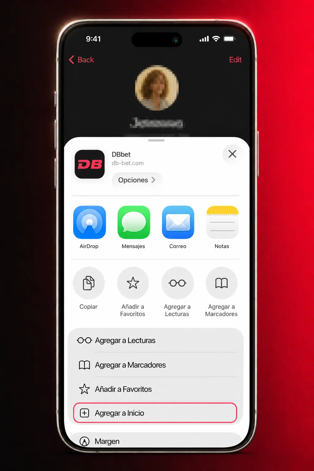 Descarga e instalación de la app DBBet como PWA en iPhone o iPad desde Safari usando el ícono de Compartir