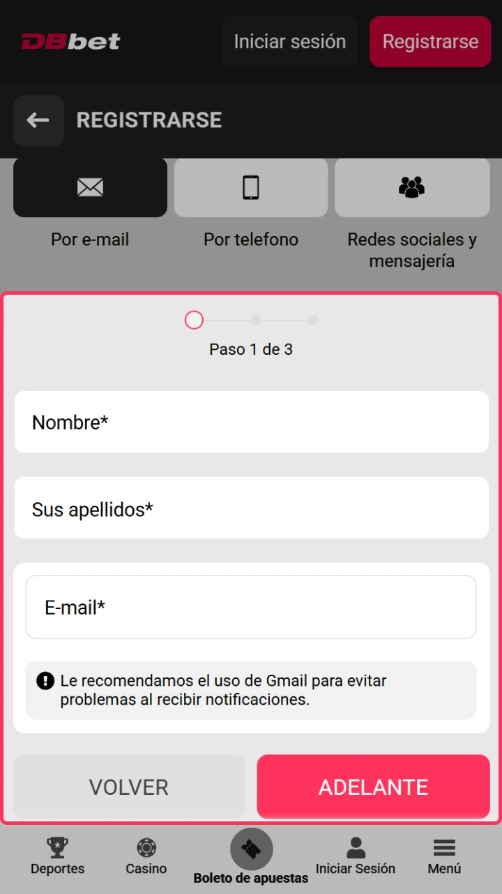 Un formulario sencillo y seguro para introducir tus datos al registrarte en DBbet.