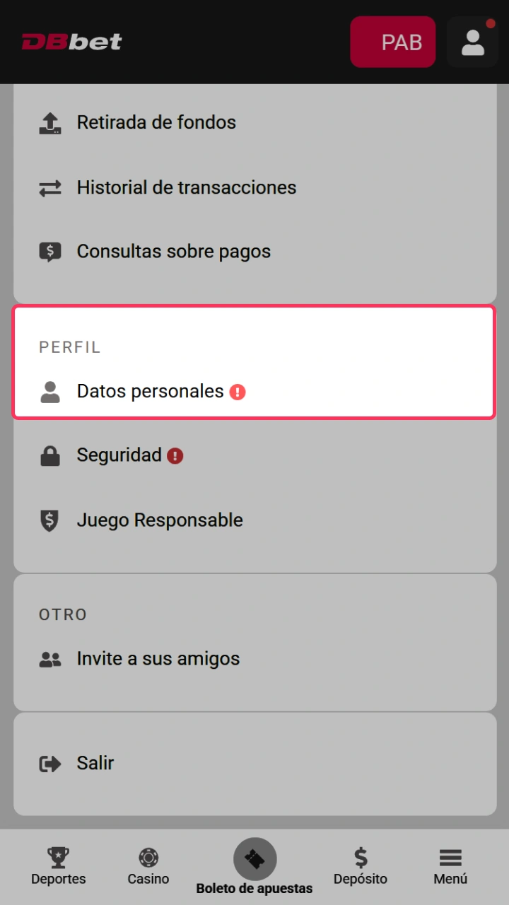 Acceso rápido al menú de perfil para gestionar tu cuenta de DBbet.